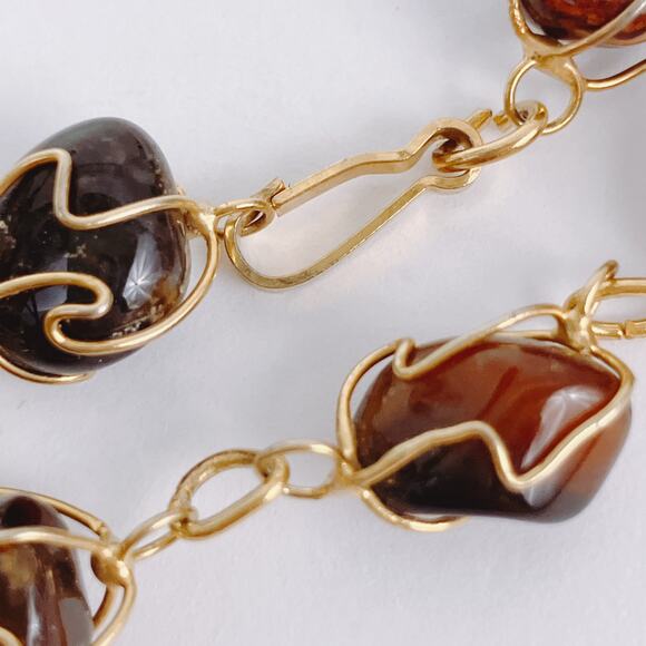 VTG Agate Quartz Gemstone Bracelet 1960s 1970s Artisan Gold Tone Wire Wrapped - Picture 9 of 13